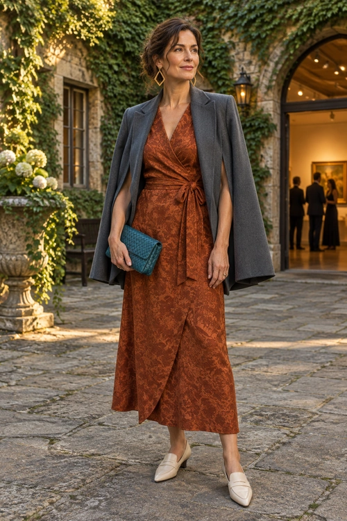 Rust Wrap Dress with Draped Gray Blazer A woman wears a rust patterned wrap midi dress with a gray blazer draped over her shoulders, a teal clutch, gold geometric earrings, and cream pointed flats.