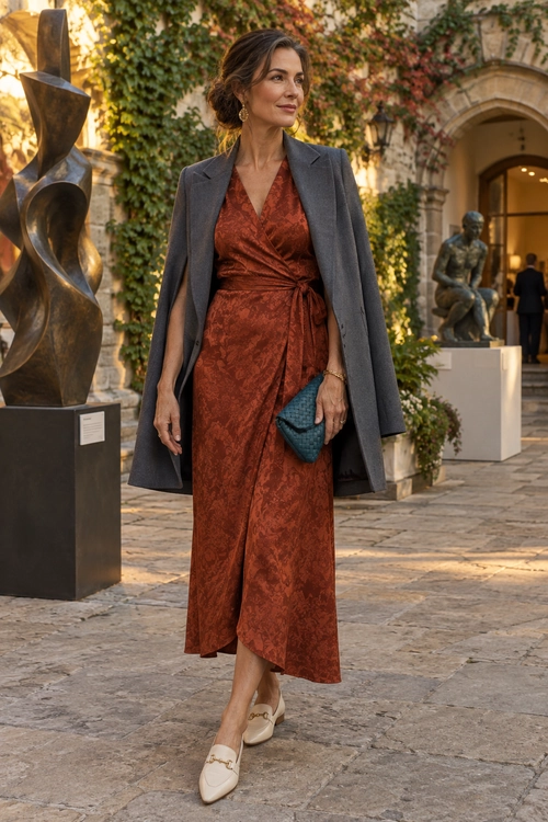Rust Wrap Dress with Gray Blazer A woman wears a rust patterned wrap dress with a draped gray blazer, teal clutch, and cream loafers.