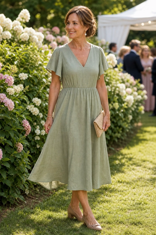 A woman wearing a sage green midi dress with flutter sleeves, nude heels, and a woven clutch at an outdoor garden event.