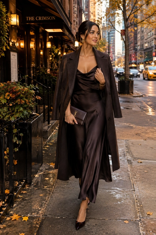 A woman wears a dark satin dress with a long brown coat, pointed heels, and a clutch while walking on a city sidewalk.