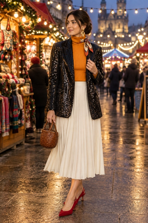 A woman wears a black sequin blazer over an orange turtleneck sweater with a cream pleated midi skirt, red heels, a patterned neck scarf, and a woven brown handbag.