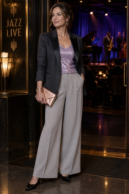 Sequin Top and Wide-Leg Trousers Outfit A woman wears a charcoal blazer over a lavender sequin top with taupe wide-leg trousers, black heels, and a metallic clutch.