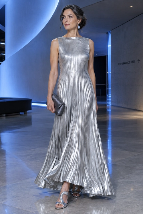 Silver Pleated Maxi Dress A woman wears a sleeveless silver pleated maxi dress with strappy sandals, drop earrings, and a metallic clutch.