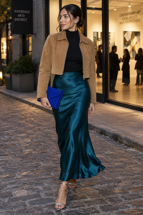 Tan Jacket and Teal Satin Skirt Outfit A woman wears a cropped tan jacket over a black high-neck top with a teal satin skirt, blue clutch, and strappy heels.