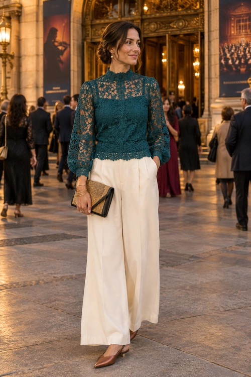 A woman wears a teal lace blouse with cream wide-leg trousers, pointed brown shoes, and a textured clutch.