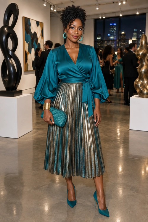 Teal Satin Blouse and Pleated Skirt Woman wearing a teal satin wrap blouse with voluminous sleeves, a metallic pleated midi skirt, teal pointed-toe pumps, and a quilted clutch.