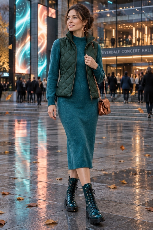Woman wearing a teal knit midi dress with a dark green quilted vest, black lace-up boots, and a brown chain-strap bag.