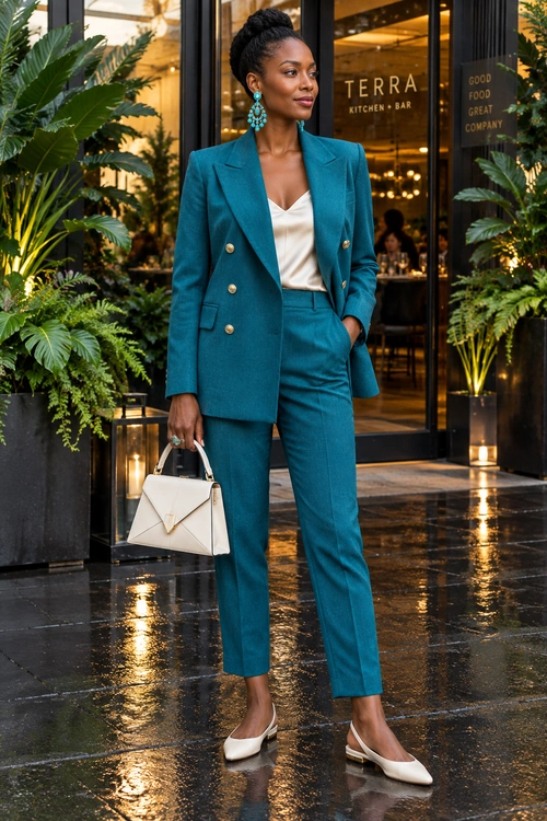 Woman wearing a teal double-breasted blazer and matching trousers with an ivory top, white pointed-toe heels, turquoise earrings, and a structured handbag.