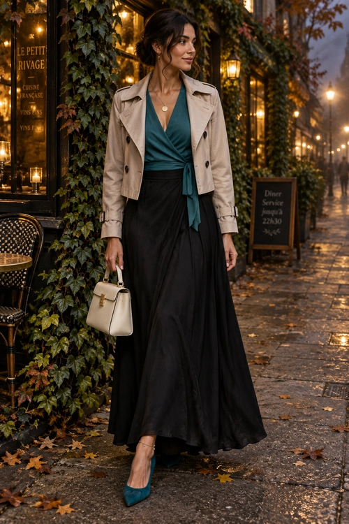 A teal wrap top, beige jacket, and flowing black maxi skirt styled with teal pointed heels and a cream handbag.