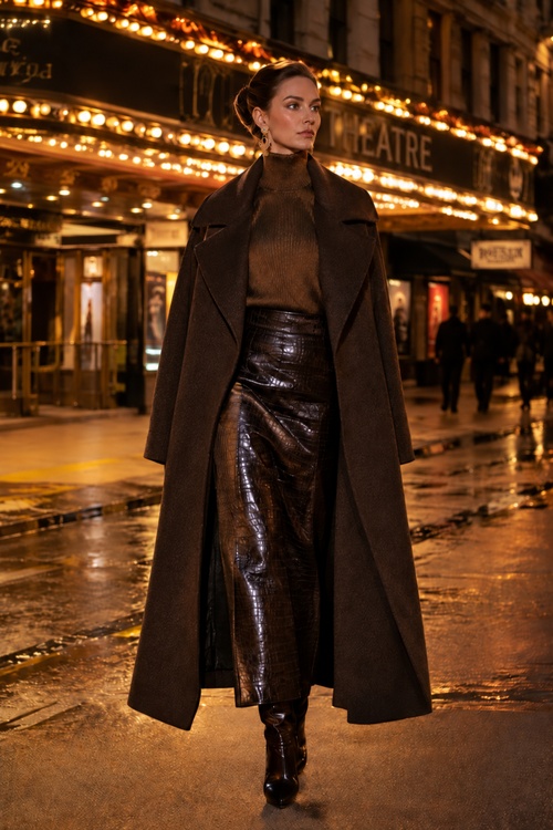 Woman in a long brown coat, turtleneck, and crocodile-textured leather skirt outside a theater at night.