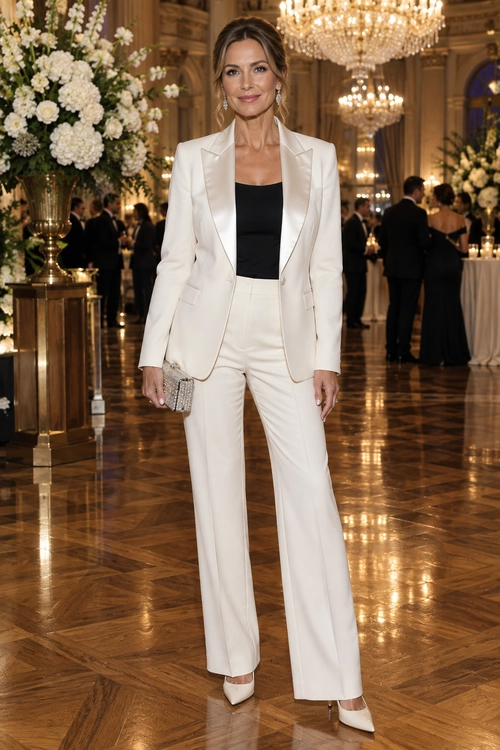 White Suit with Black Top A woman wears an ivory tailored blazer and wide-leg trousers over a black sleeveless top with pointed heels and a silver clutch.