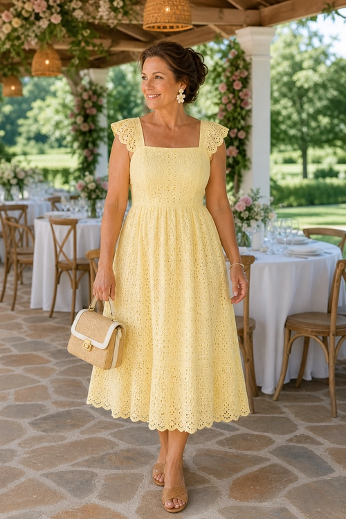 A woman wears a pale yellow eyelet midi dress with scalloped sleeves and hem, tan sandals, floral earrings, and a woven handbag.