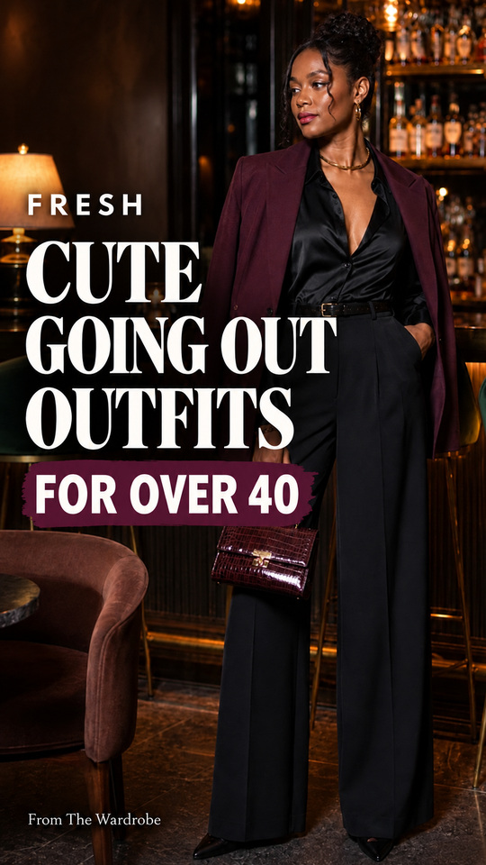 A woman wears a black blouse with black wide-leg trousers, pointed heels, and a handbag, for a cute going-out outfit for women over 40