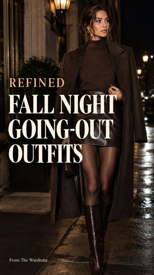 A woman wears a brown coat, turtleneck, leather mini skirt, sheer tights, and tall boots for a fall night going-out outfit