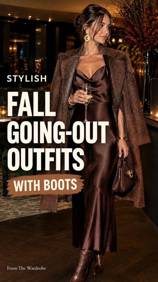 A woman wears a brown satin midi dress, textured long coat, brown boots, and matching handbag, illustrating fall going-out outfits with boots