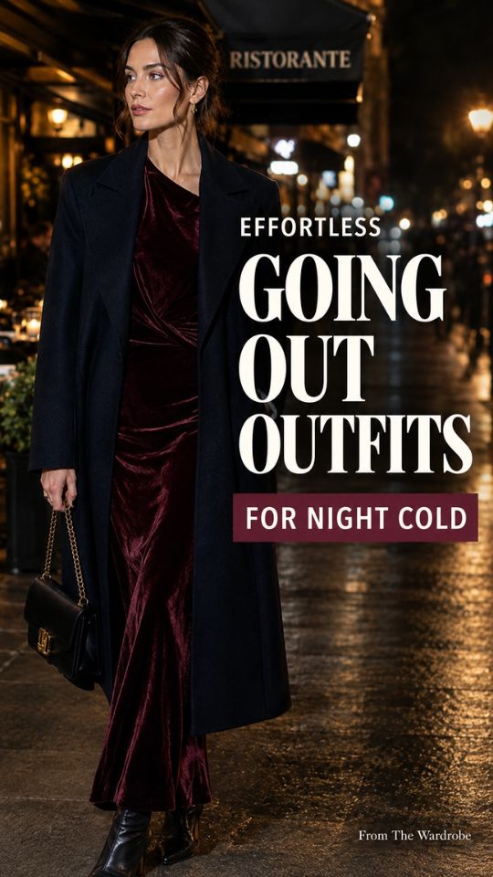 A woman wears a burgundy dress with a navy long coat, ankle boots for a going-out outfit for night cold