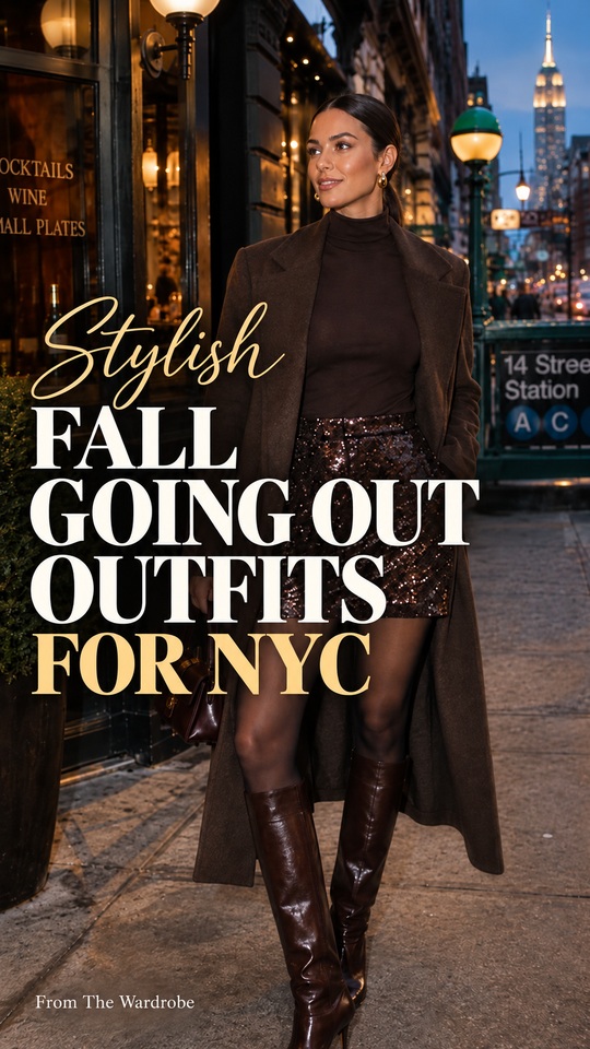 A woman wears a dark brown top with a dark brown long coat, boots, and a handbag for a fall going-out outfit in NYC