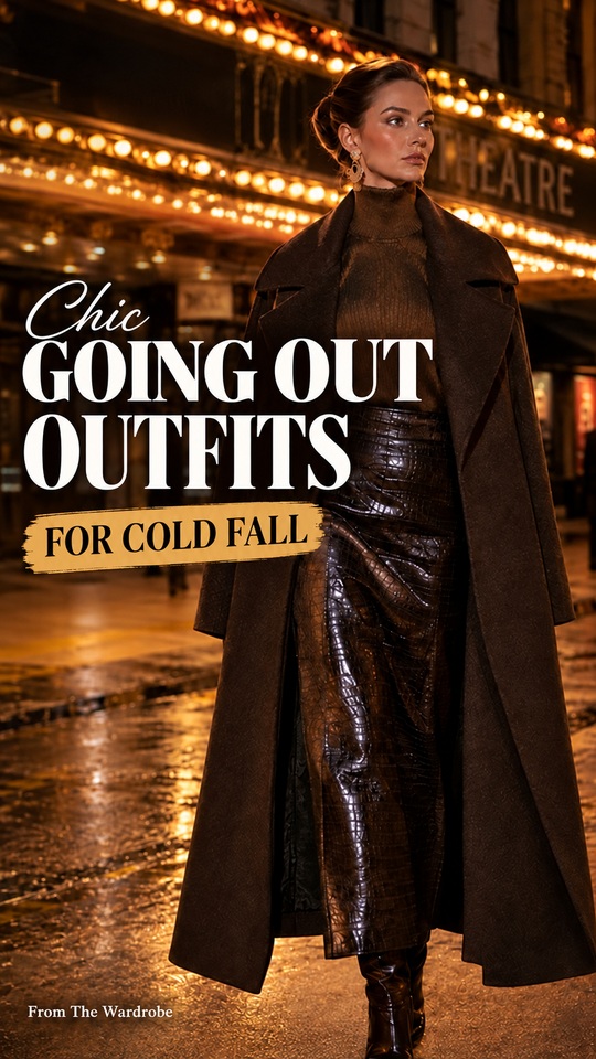A woman wears a dark brown top with a dark brown long coat, boots, and earrings for a going-out outfit for cold fall