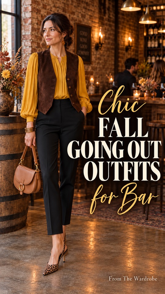 A woman wears a fall going out outfit for bar, mustard yellow blouse with a brown vest, black trousers, leopard-print flats