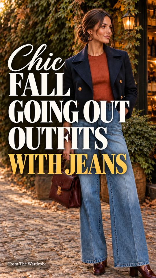 A woman wears a navy blazer over a rust top with light blue jeans and loafers, for fall going-out outfits with jeans