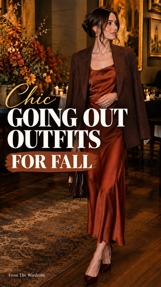 A woman wears a rust satin slip dress, brown blazer, pointed heels, and dark handbag at a restaurant, offering inspiration for going out outfits for fall