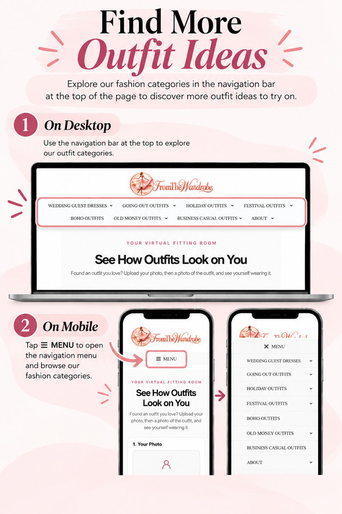How to find more outfit ideas using the From The Wardrobe navigation menu on desktop and mobile.
