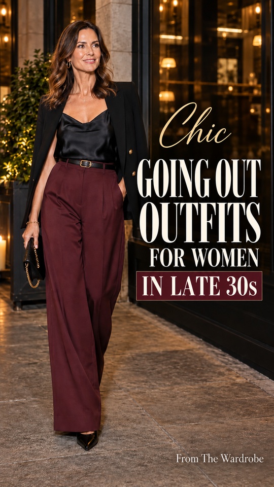 a woman in late 30s wears a chic going out outfit with a black satin camisole, burgundy wide-leg trousers, a black blazer, and pointed-toe heels