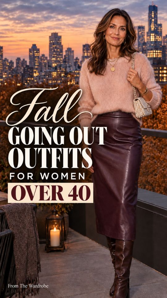 a woman over 40 in a fall going out outfit with a blush pink knit sweater, burgundy leather midi skirt, brown knee-high boots, and a pearl handbag